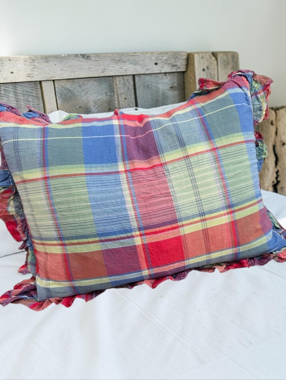 Vtg Ralph Lauren Spinnaker Beach House Madras Plaid Ruffle Pillow Sham Pair USA